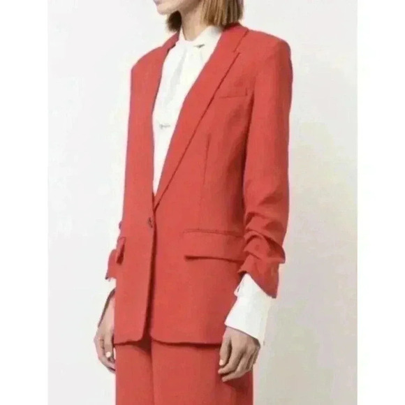 Veronica Beard Draped Graham Dickey Blazer Long Jacket 6 Red Ruched 3/4 Sleeves - Picture 4 of 10